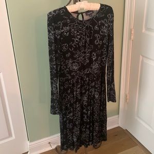 ModCloth long sleeve midi dress, black/white floral